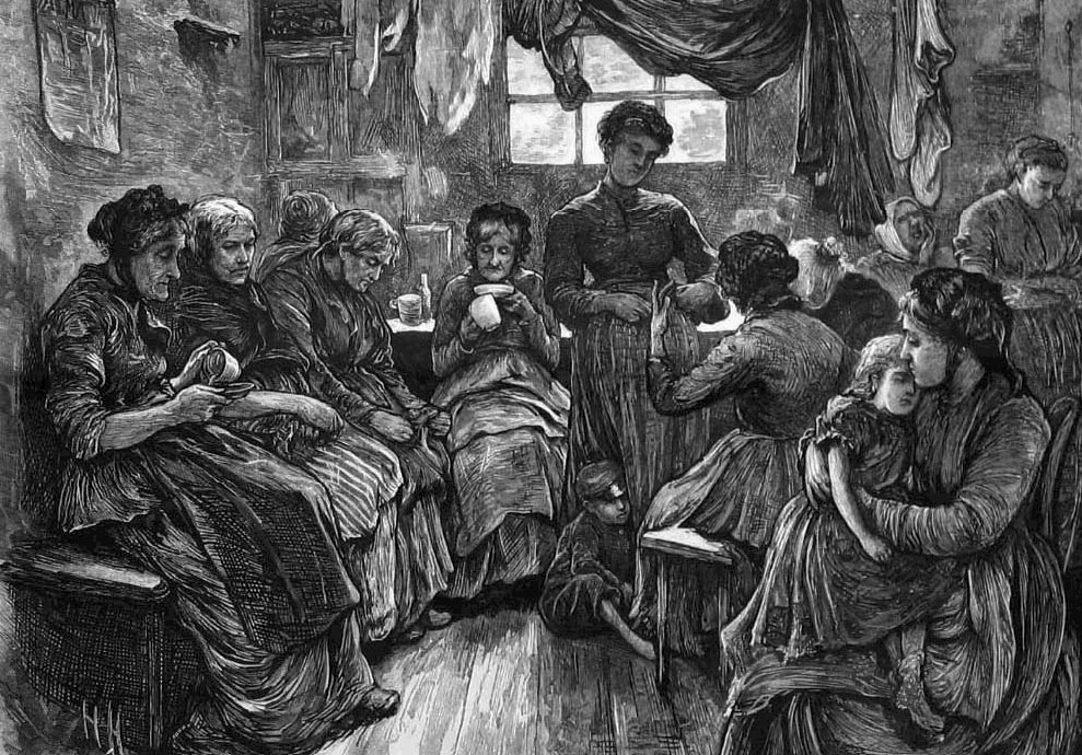 A low lodging house, St Giles's, London, wood engraving by Hubert von Herkomer, 1872