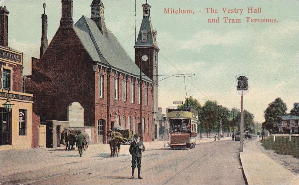London Road, Mitcham, 1900-1910s, showing the Vestry Hall and tram terminus