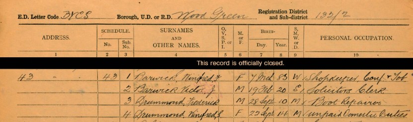 1939 Register entry for Frederick Drummond, Boot Repairer, 43 Finsbury Road, Wood Green