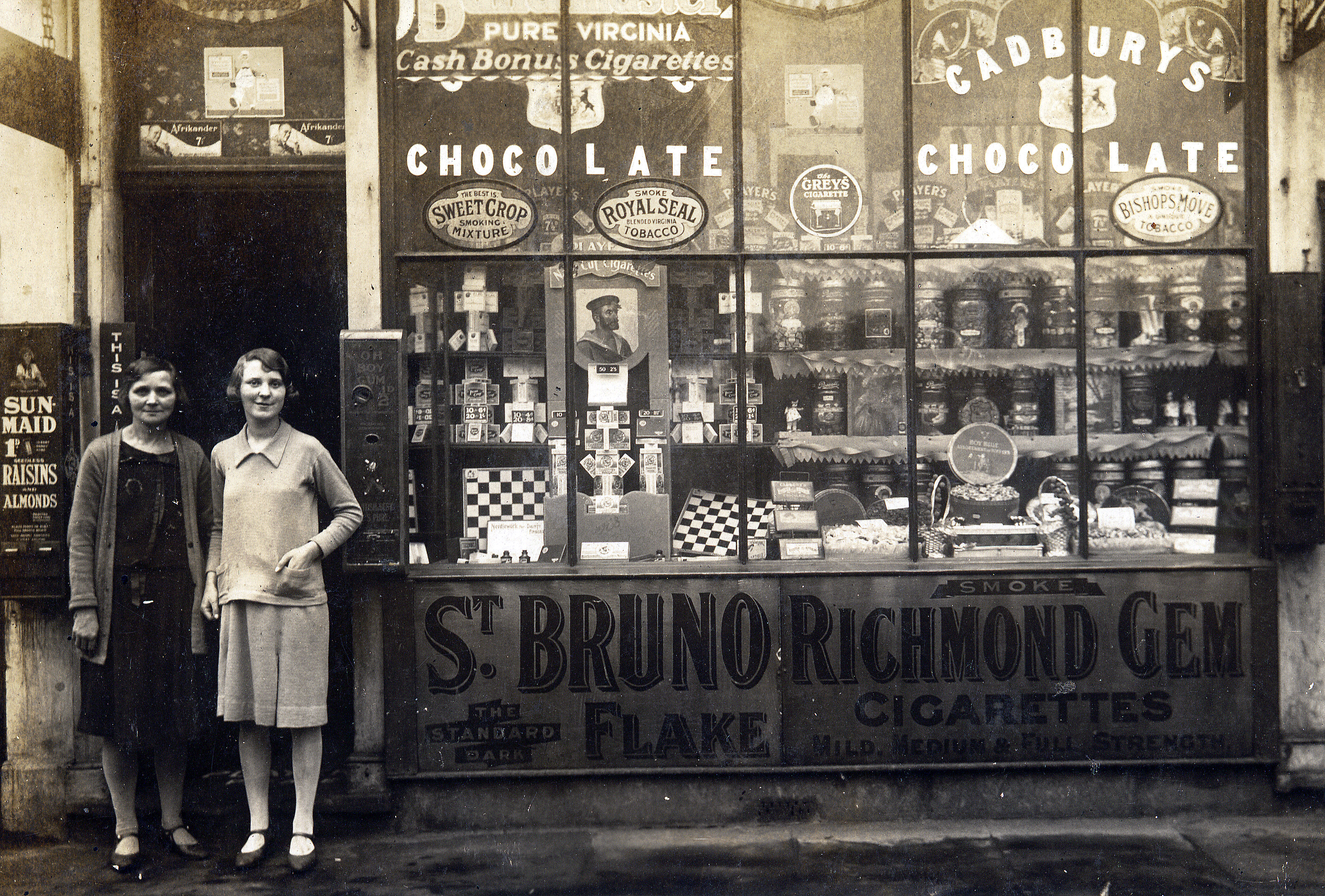 Winifred Fanny Barwick's confectionery and tobacconist's shop, two women standing outside
